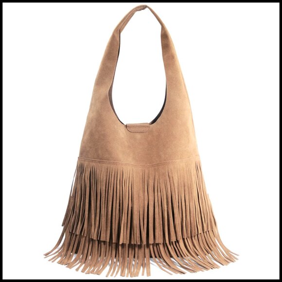 Handbags - Faux Suede Hobo Bag Fringe Shoulder Handbag Boho Chic Slouchy Tote